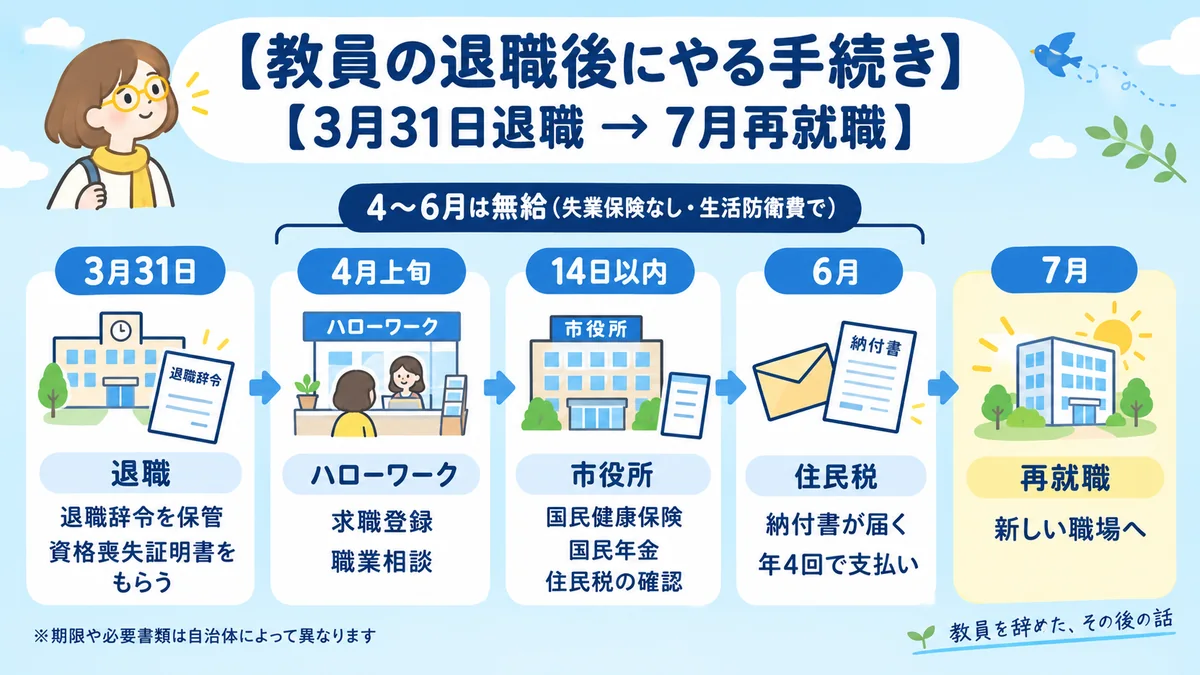 3月31日の退職から7月の再就職まで、ハローワークや市役所など教員が退職後にやる手続きの流れをイラストでまとめた図